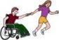 A lady helping a guy in a wheelchair